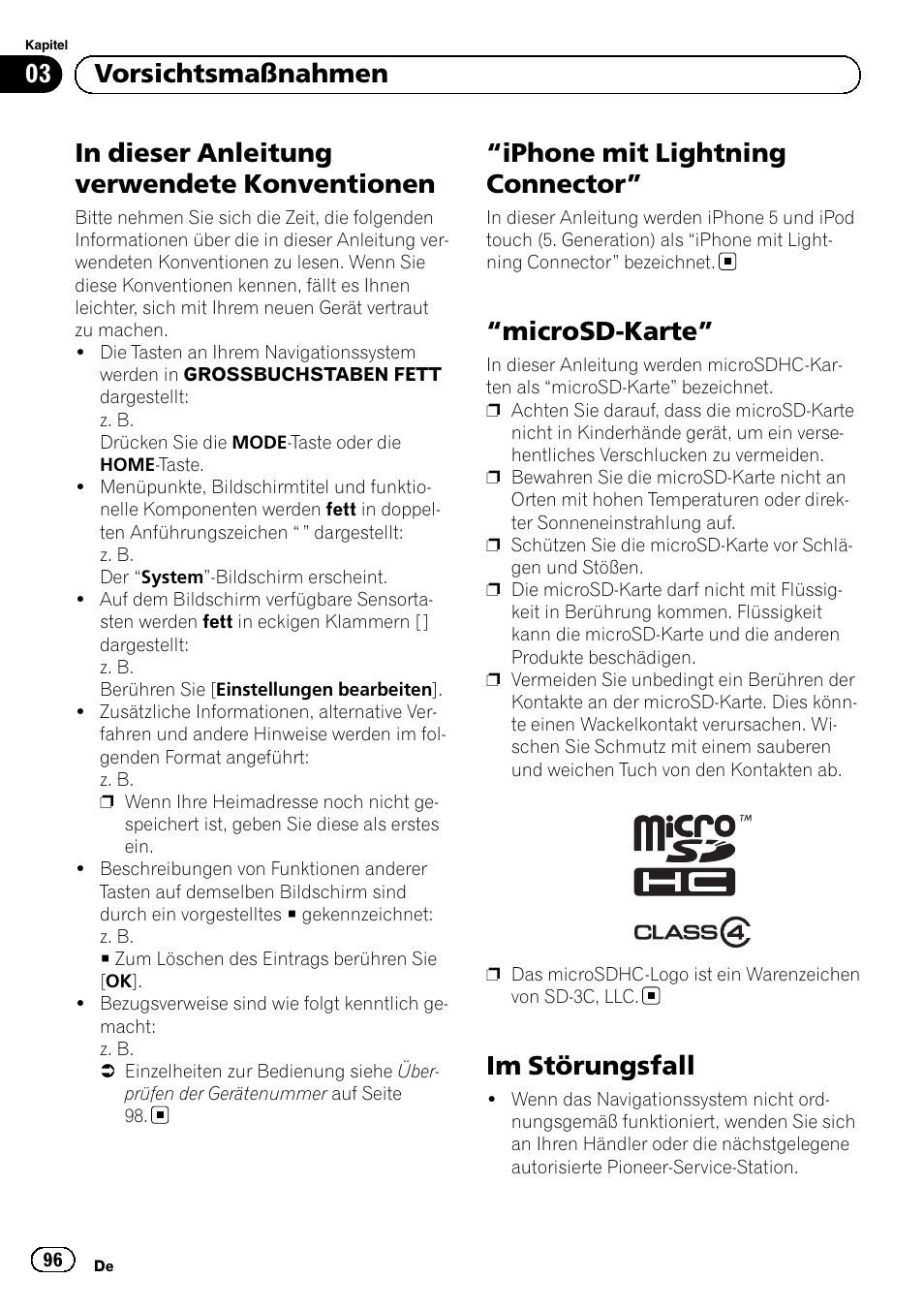 In dieser anleitung verwendete, Konventionen, Iphone mit lightning connector” 96 | Microsd-karte” 96 im störungsfall, Iphone mit lightning connector, Microsd-karte, Im störungsfall, 03 vorsichtsmaßnahmen | Pioneer AVIC-F50BT User Manual | Page 96 / 132