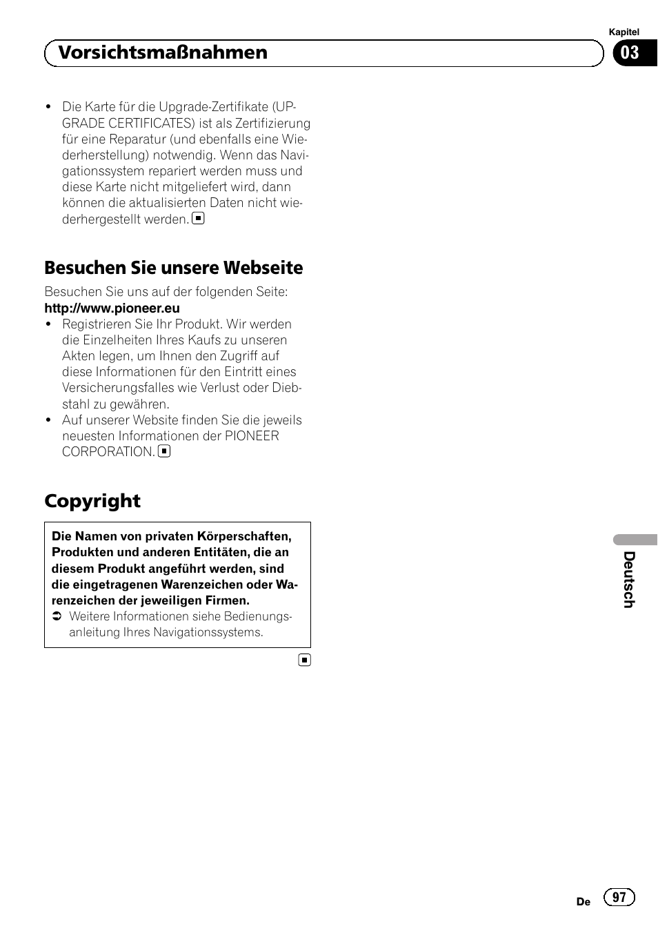 Besuchen sie unsere webseite, Copyright, 03 vorsichtsmaßnahmen | Pioneer AVIC-F50BT User Manual | Page 97 / 132