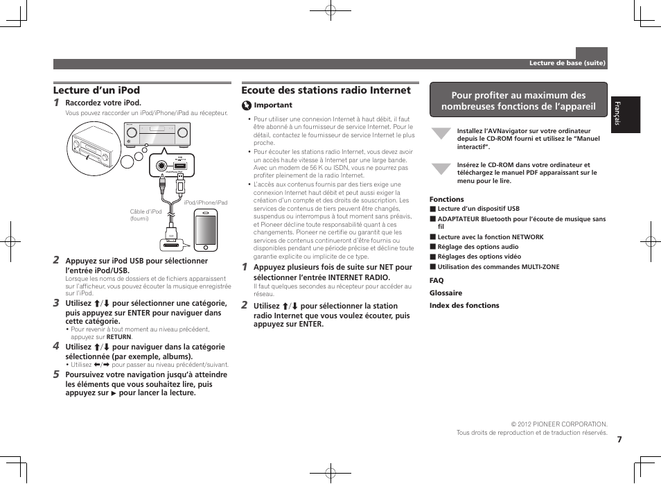 Lecture d’un ipod, Ecoute des stations radio internet | Pioneer SC-2022-K User Manual | Page 13 / 44