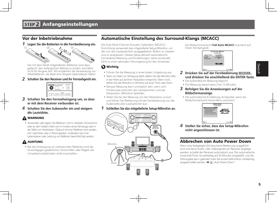 Anfangseinstellungen, Vor der inbetriebnahme, Abbrechen von auto power down | Pioneer SC-2022-K User Manual | Page 17 / 44