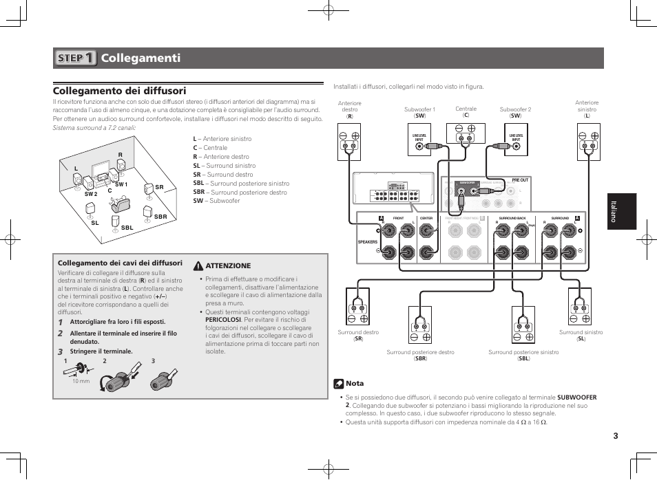 Collegamenti, Collegamento dei diffusori | Pioneer SC-2022-K User Manual | Page 21 / 44