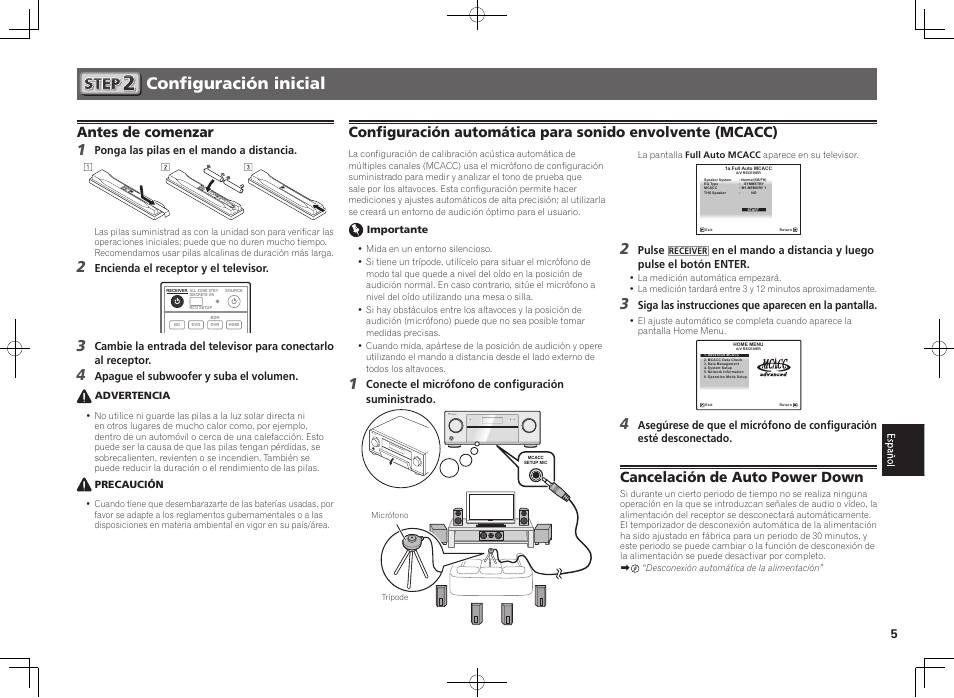 Configuración inicial, Antes de comenzar, Cancelación de auto power down | Pioneer SC-2022-K User Manual | Page 35 / 44