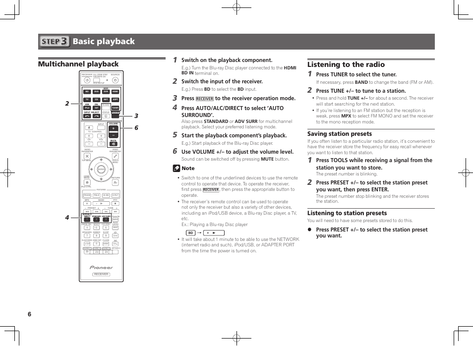 Basic playback, Multichannel playback, Listening to the radio | Saving station presets, Listening to station presets, Switch on the playback component, Switch the input of the receiver, Press, Press auto/alc/direct to select ’auto surround, Start the playback component’s playback | Pioneer SC-2022-K User Manual | Page 6 / 44