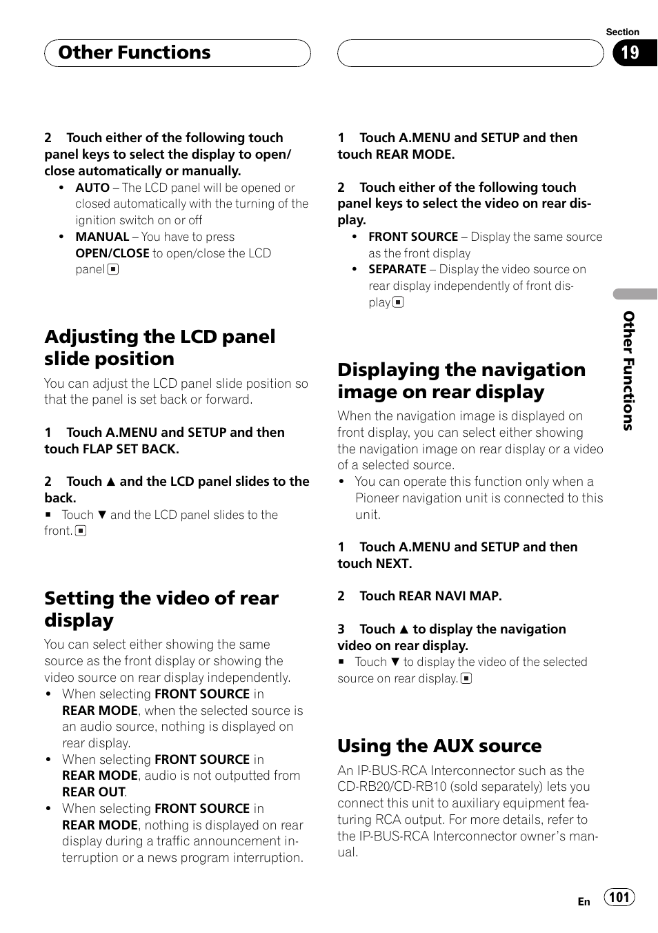 Display 101, Using the aux source 101, Adjusting the lcd panel slide position | Setting the video of rear display, Displaying the navigation image on rear display, Using the aux source, Other functions | Pioneer AVH-P7500DVDII User Manual | Page 101 / 119