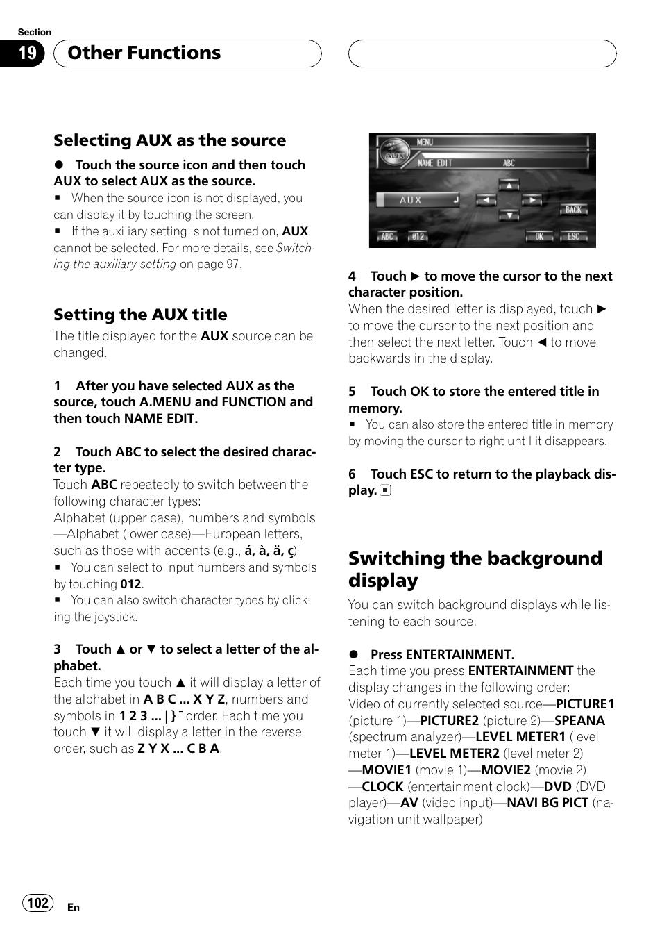 Switching the background display 102, Switching the background display, Other functions | Selecting aux as the source, Setting the aux title | Pioneer AVH-P7500DVDII User Manual | Page 102 / 119