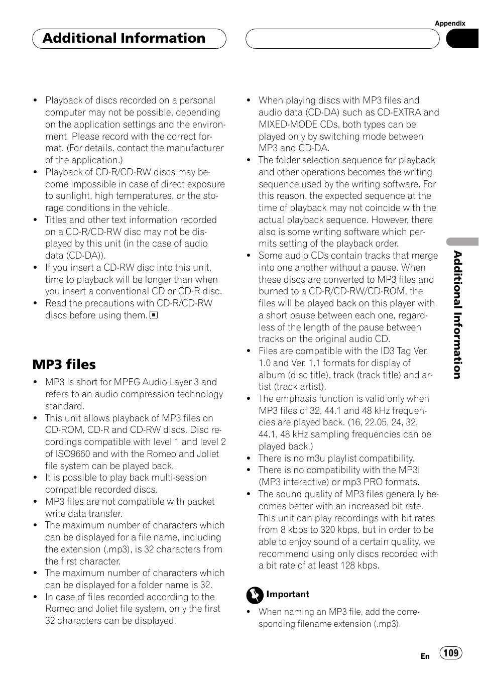 Mp3 files 109, Mp3 files, Additionalinformation | Pioneer AVH-P7500DVDII User Manual | Page 109 / 119
