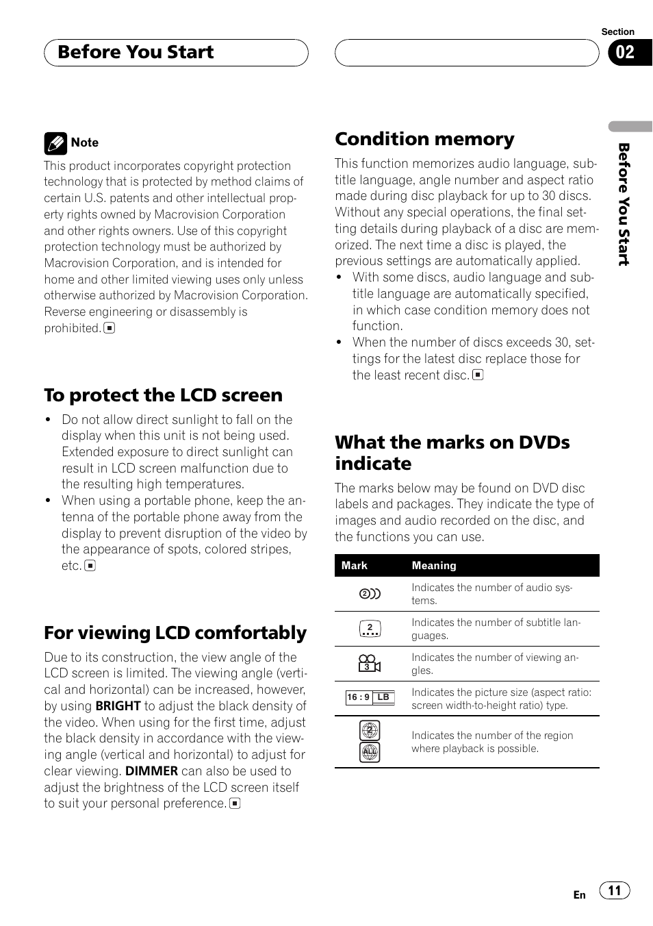 For viewing lcd comfortably, What the marks on dvds indicate, Before you start | Pioneer AVH-P7500DVDII User Manual | Page 11 / 119