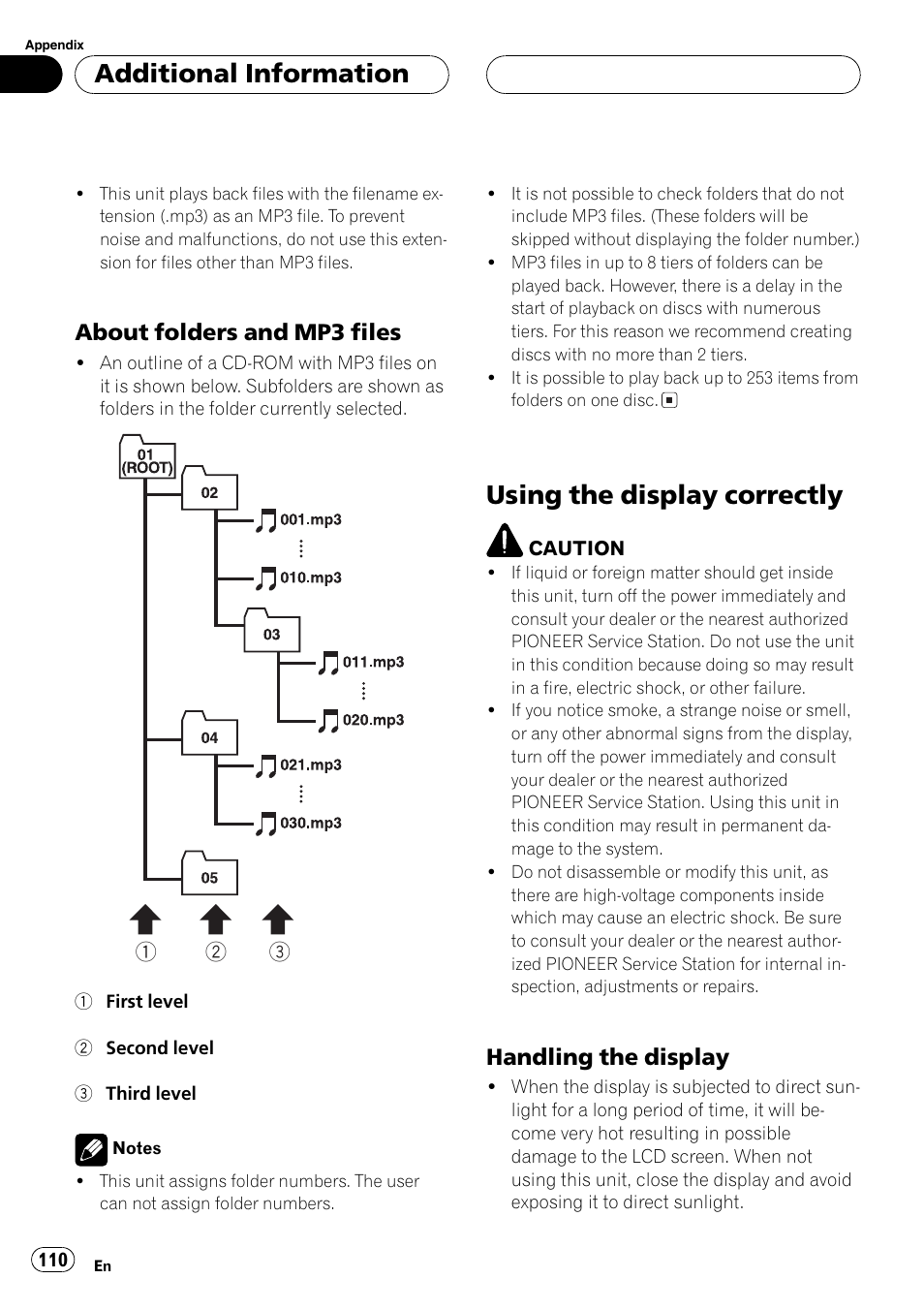 Using the display correctly 110, Using the display correctly, Additionalinformation | About folders and mp3 files, Handling the display | Pioneer AVH-P7500DVDII User Manual | Page 110 / 119