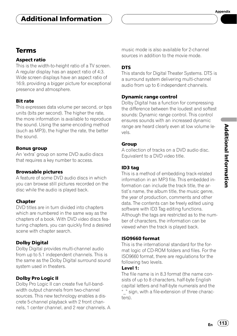 Terms 113, Terms, Additionalinformation | Pioneer AVH-P7500DVDII User Manual | Page 113 / 119