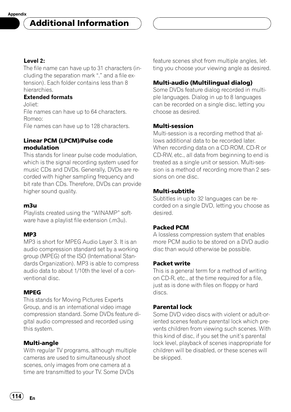 Additionalinformation | Pioneer AVH-P7500DVDII User Manual | Page 114 / 119