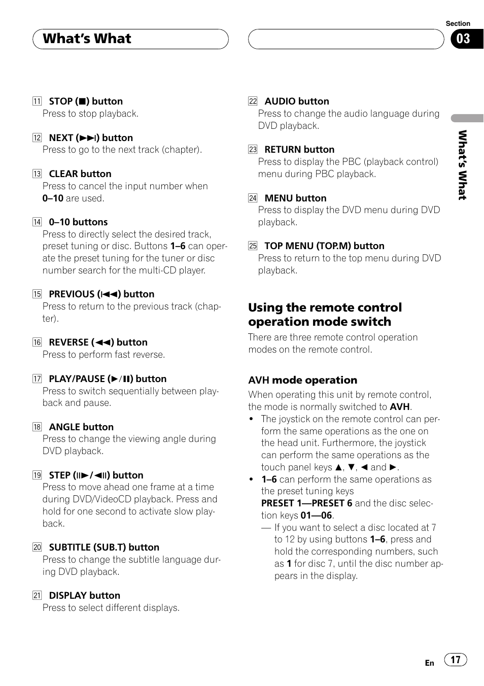 Using the remote control, Whats what, Using the remote control operation mode switch | Pioneer AVH-P7500DVDII User Manual | Page 17 / 119