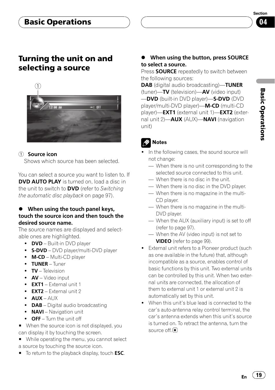 Source 19, Turning the unit on and selecting a source, Basic operations | Pioneer AVH-P7500DVDII User Manual | Page 19 / 119