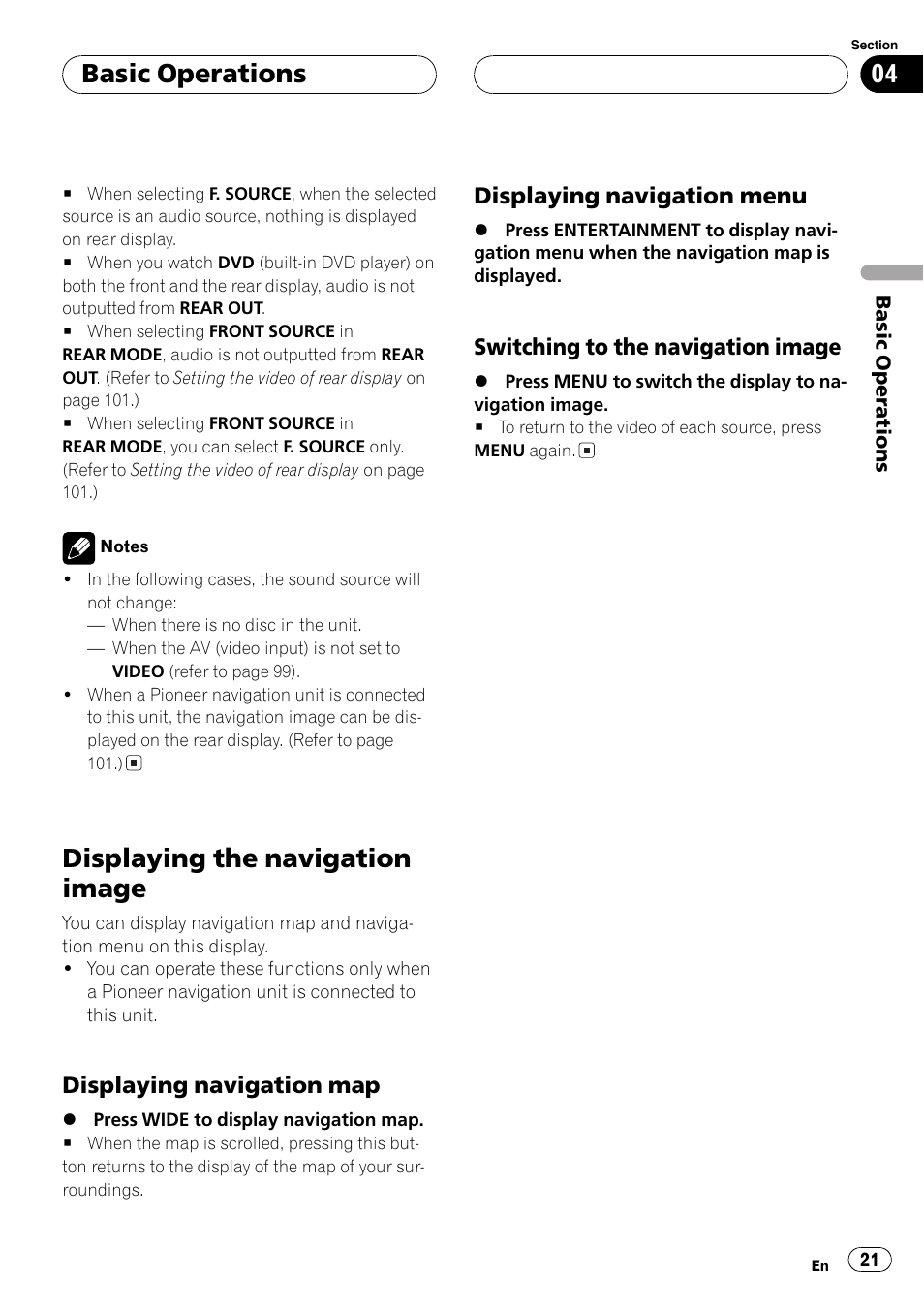 Displaying the navigation image 21, Displaying the navigation image, Basic operations | Pioneer AVH-P7500DVDII User Manual | Page 21 / 119
