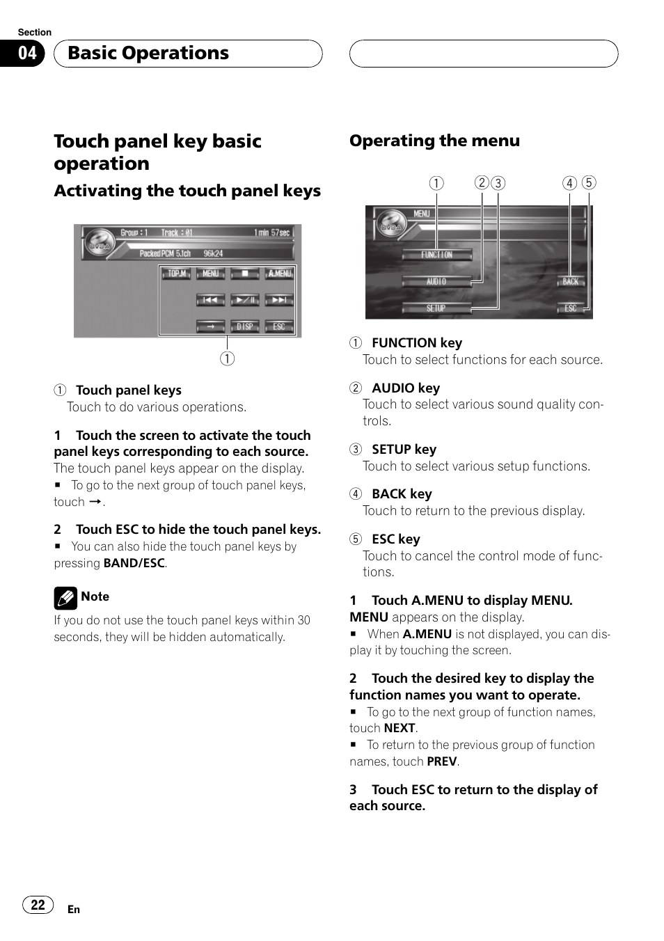 Touch panel key basic operation 22, Touch panelkey basic operation, Basic operations | Pioneer AVH-P7500DVDII User Manual | Page 22 / 119