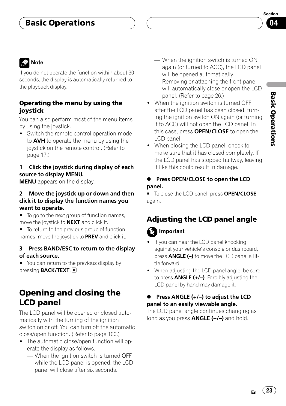 Opening and closing the lcd panel 23, Opening and closing the lcd panel, Basic operations | Adjusting the lcd panelangle | Pioneer AVH-P7500DVDII User Manual | Page 23 / 119