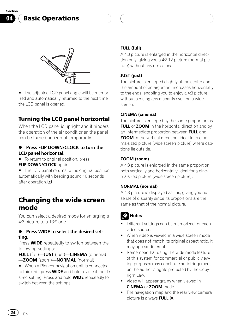 Changing the wide screen mode 24, Changing the wide screen mode, Basic operations | Turning the lcd panelhorizontal | Pioneer AVH-P7500DVDII User Manual | Page 24 / 119
