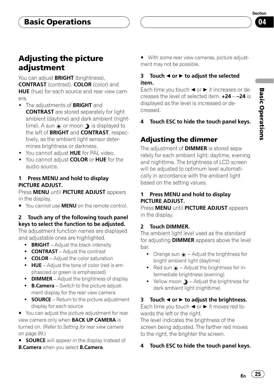 Adjusting the picture adjustment 25, Adjusting the picture adjustment, Basic operations | Adjusting the dimmer | Pioneer AVH-P7500DVDII User Manual | Page 25 / 119