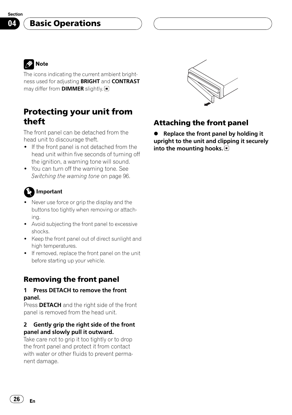 Protecting your unit from theft 26, Protecting your unit from theft, Basic operations | Removing the front panel, Attaching the front panel | Pioneer AVH-P7500DVDII User Manual | Page 26 / 119