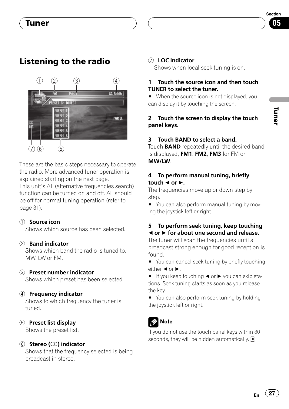 Tuner listening to the radio 27, Listening to the radio, Tuner | Pioneer AVH-P7500DVDII User Manual | Page 27 / 119