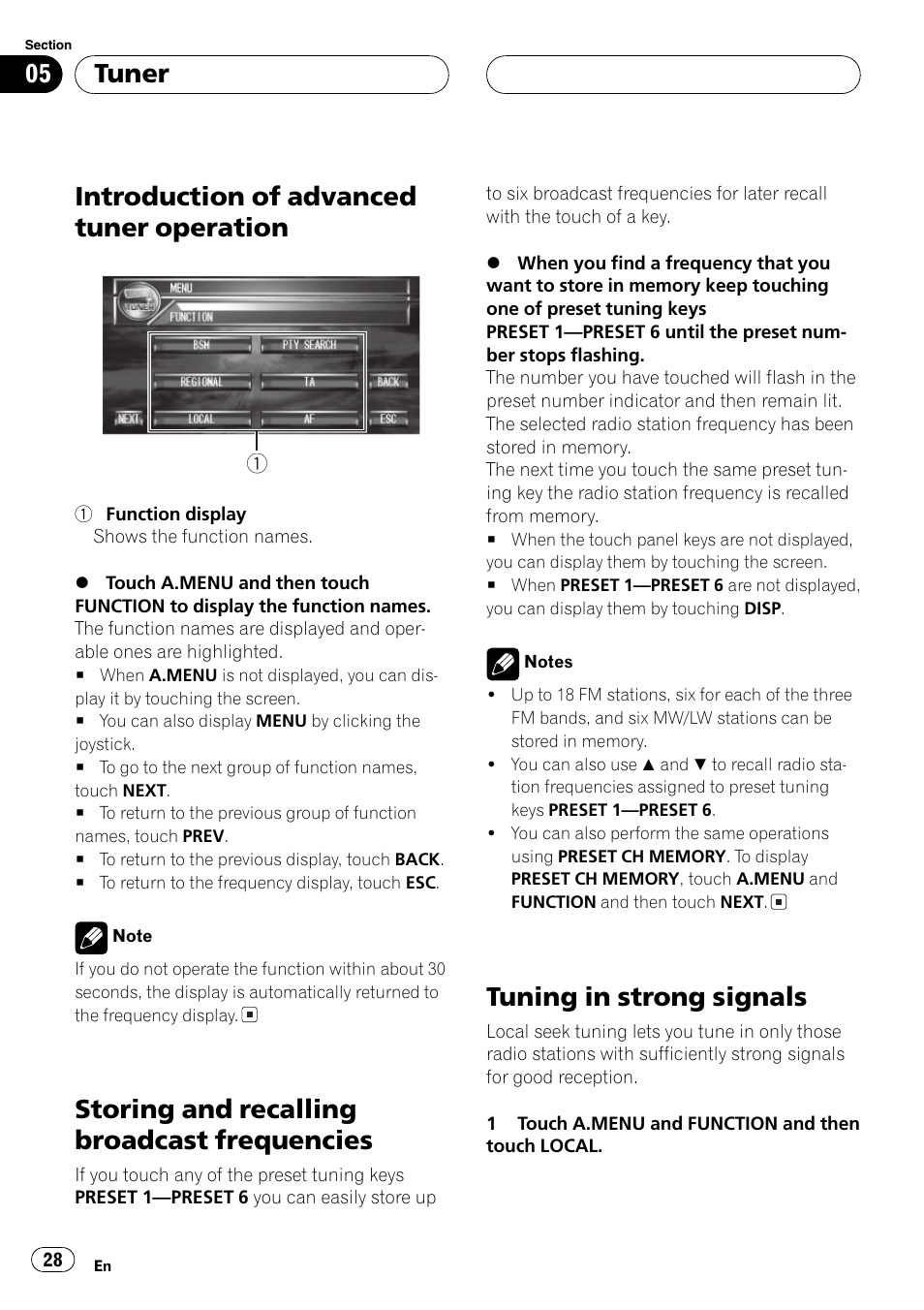 Introduction of advanced tuner, Operation 28, Storing and recalling broadcast | Frequencies 28, Tuning in strong signals 28, Introduction of advanced tuner operation, Storing and recalling broadcast frequencies, Tuning in strong signals, Tuner | Pioneer AVH-P7500DVDII User Manual | Page 28 / 119