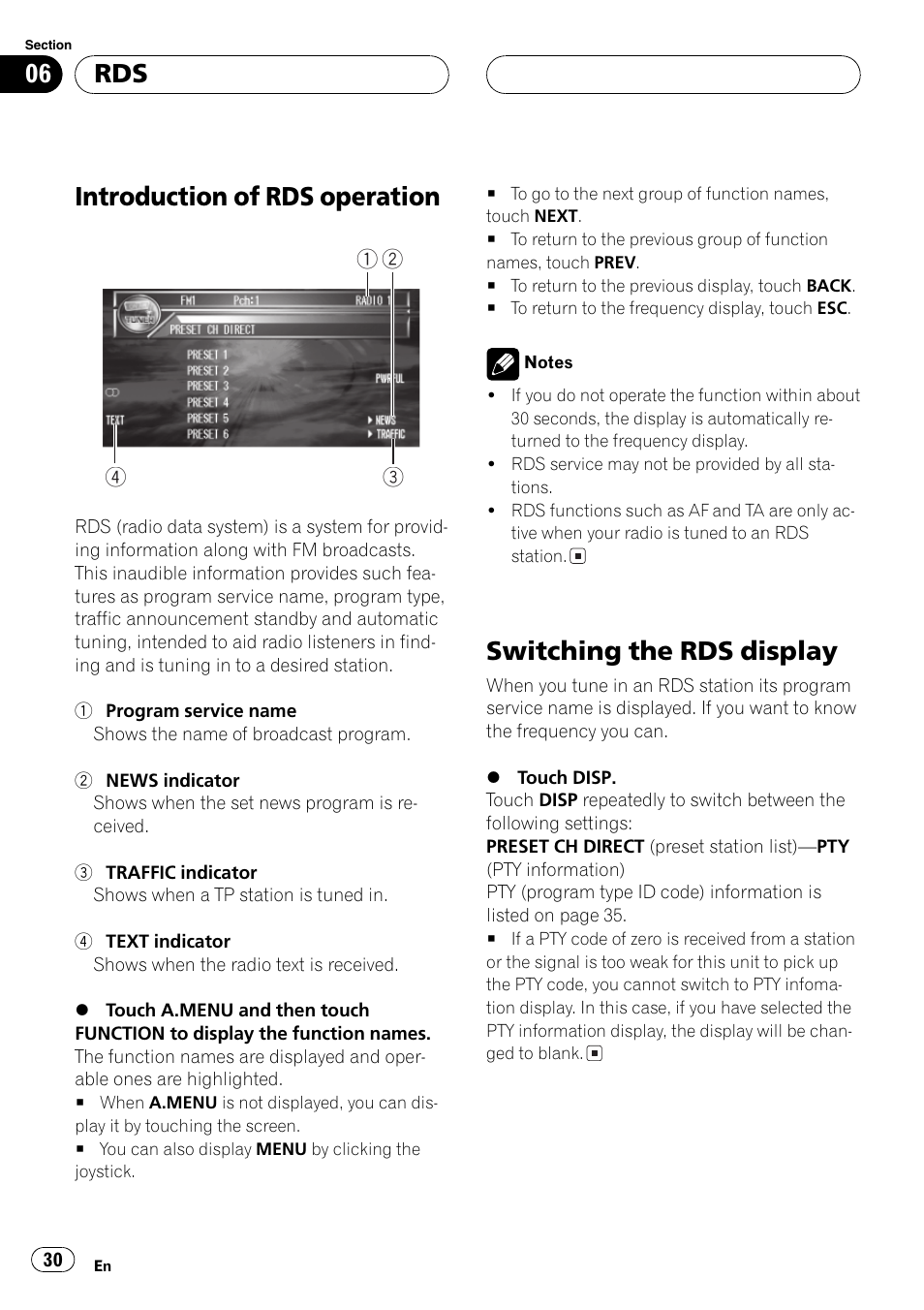 Introduction of rds operation, Switching the rds display | Pioneer AVH-P7500DVDII User Manual | Page 30 / 119