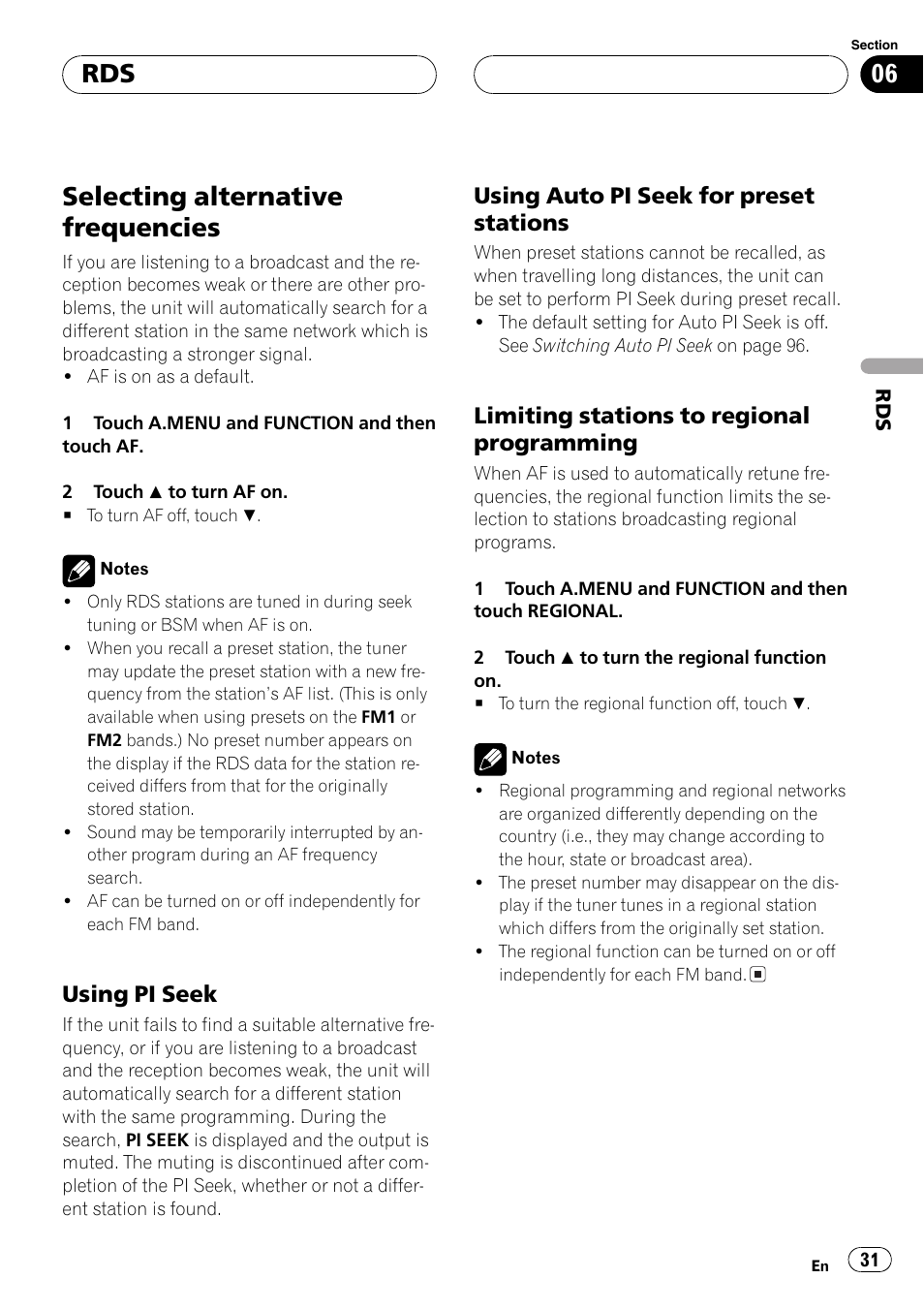 Selecting alternative frequencies 31, Selecting alternative frequencies, Using pi seek | Using auto pi seek for preset stations, Limiting stations to regional programming | Pioneer AVH-P7500DVDII User Manual | Page 31 / 119