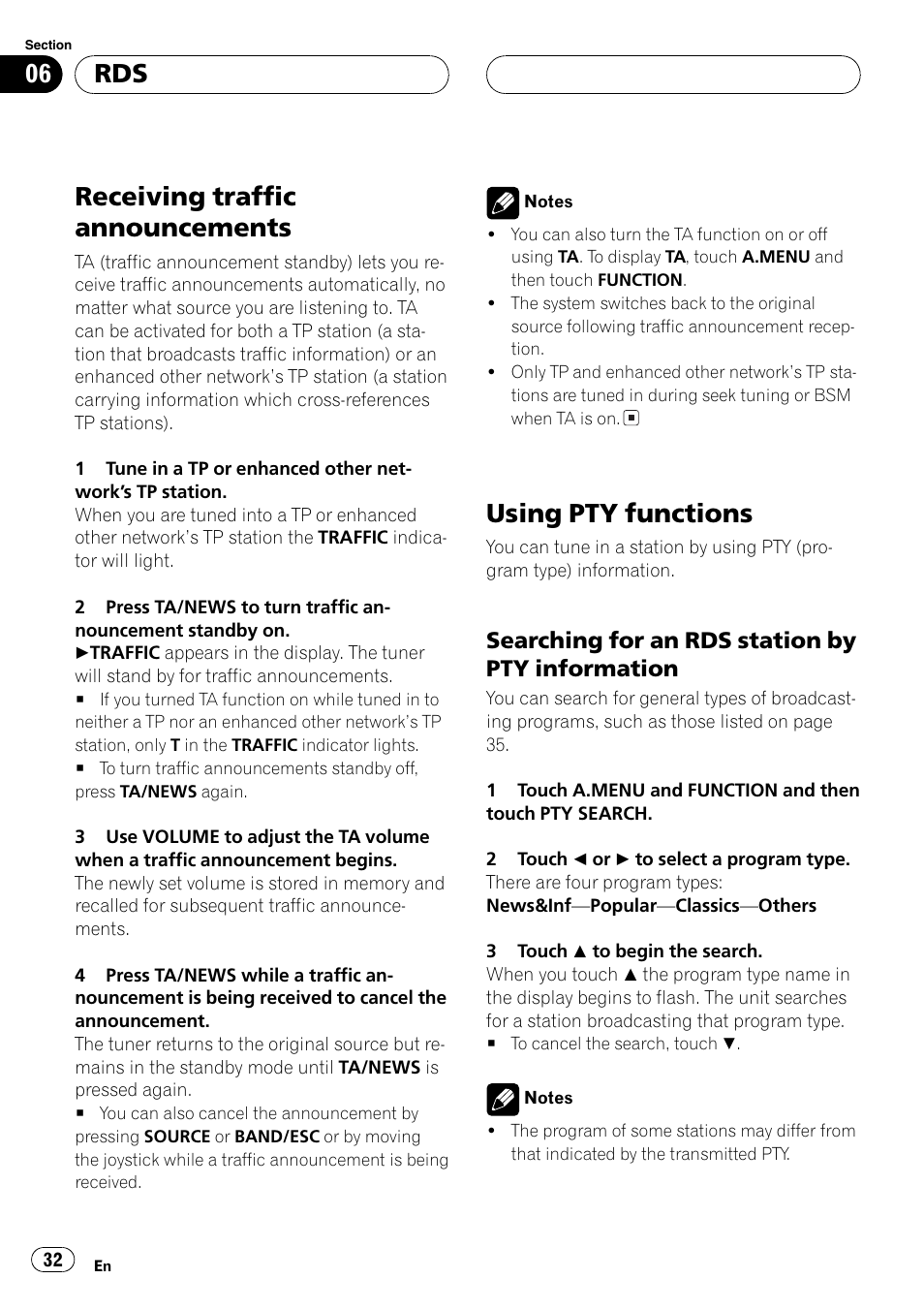 Receiving traffic announcements, Using pty functions, Searching for an rds station by pty information | Pioneer AVH-P7500DVDII User Manual | Page 32 / 119