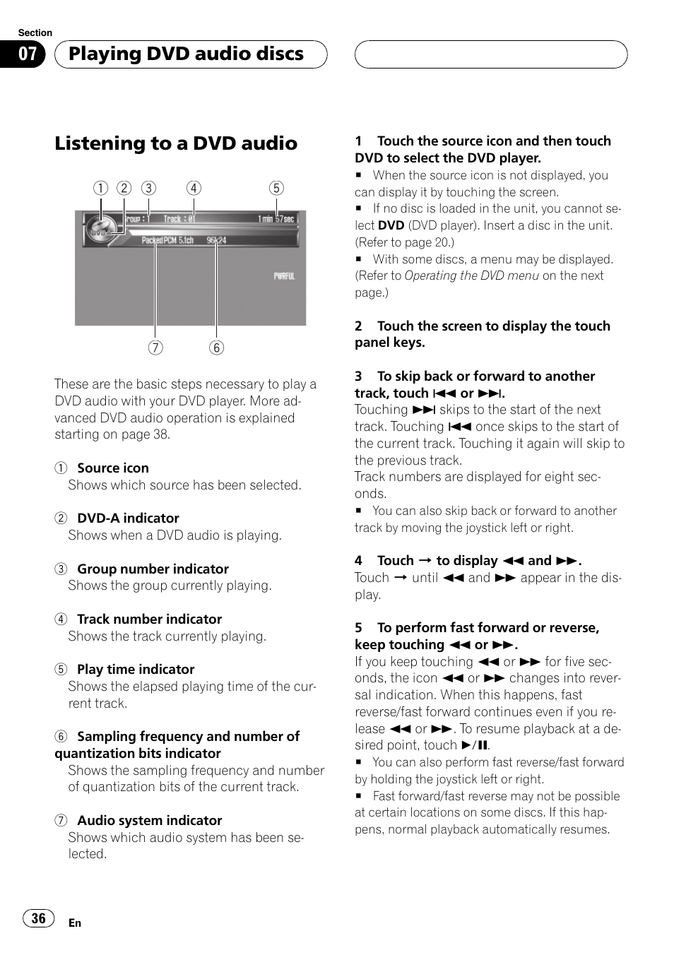 Listening to a dvd audio, Playing dvd audio discs | Pioneer AVH-P7500DVDII User Manual | Page 36 / 119