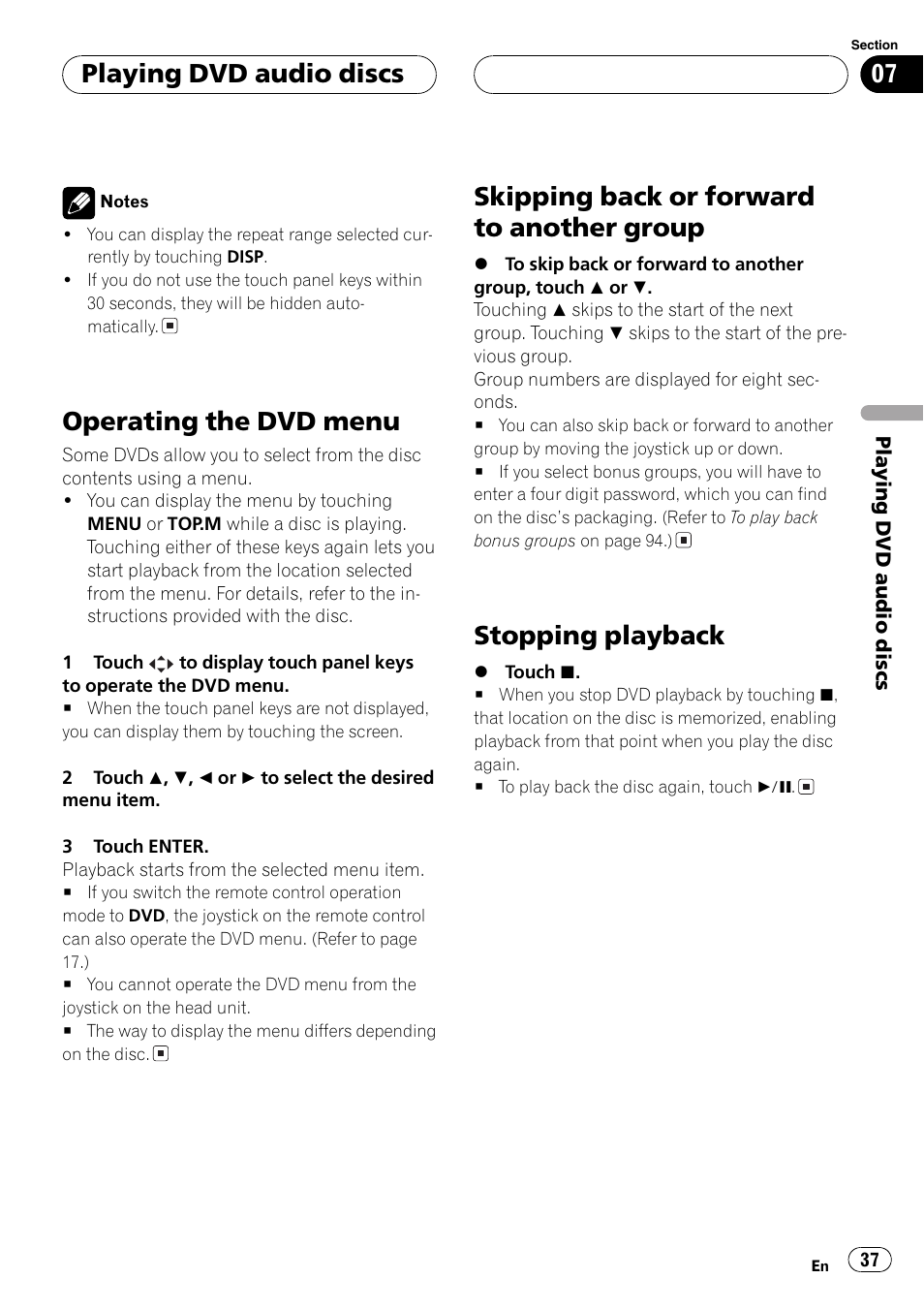 Group 37, Stopping playback 37, Operating the dvd menu | Skipping back or forward to another group, Stopping playback, Playing dvd audio discs | Pioneer AVH-P7500DVDII User Manual | Page 37 / 119