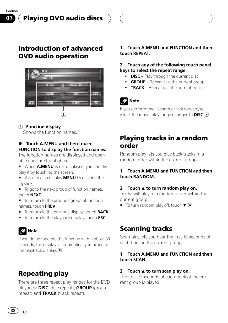 Introduction of advanced dvd audio, Operation 38, Introduction of advanced dvd audio operation | Repeating play, Playing tracks in a random order, Scanning tracks, Playing dvd audio discs | Pioneer AVH-P7500DVDII User Manual | Page 38 / 119