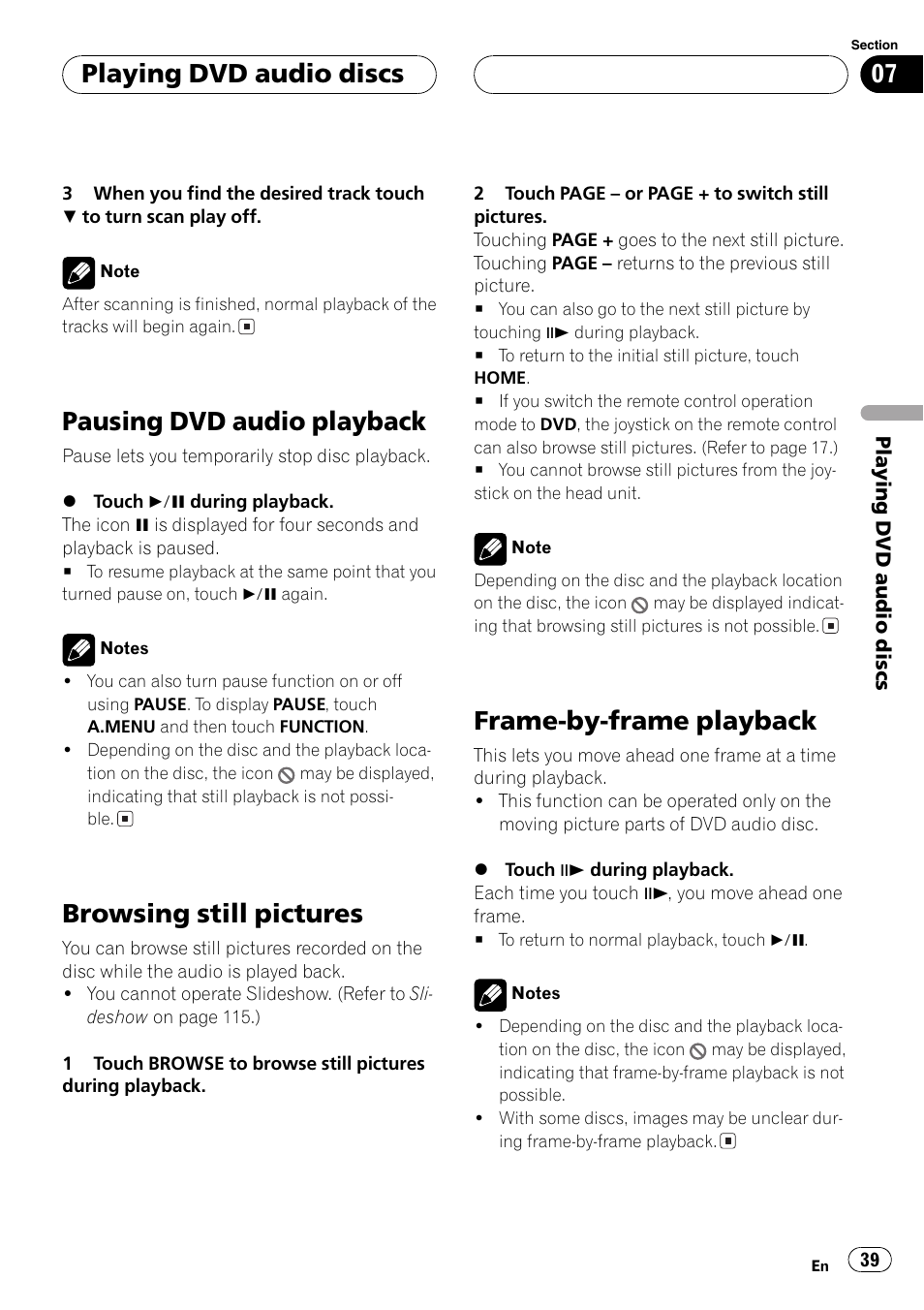 Pausing dvd audio playback, Browsing still pictures, Frame-by-frame playback | Playing dvd audio discs | Pioneer AVH-P7500DVDII User Manual | Page 39 / 119
