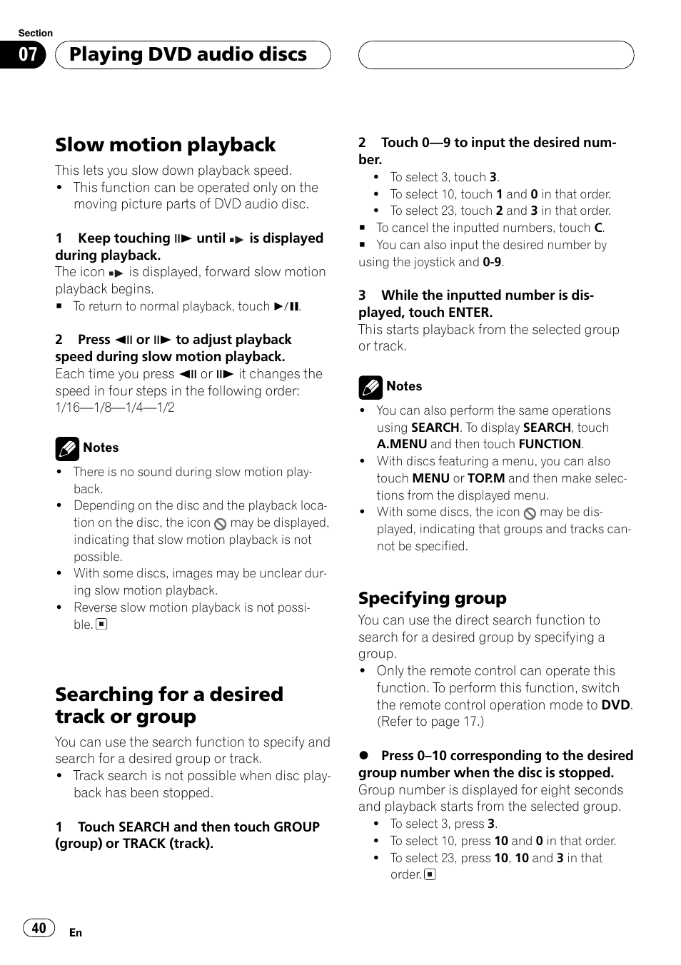 Slow motion playback, Searching for a desired track or group, Playing dvd audio discs | Specifying group | Pioneer AVH-P7500DVDII User Manual | Page 40 / 119