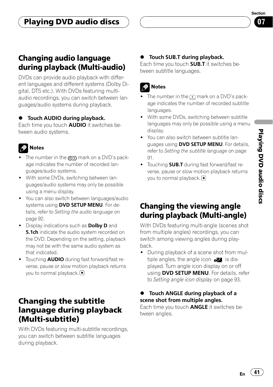 Changing audio language during playback, Multi-audio) 41, Changing the subtitle language during | Playback (multi-subtitle) 41, Changing the viewing angle during playback, Multi-angle) 41, Playing dvd audio discs | Pioneer AVH-P7500DVDII User Manual | Page 41 / 119