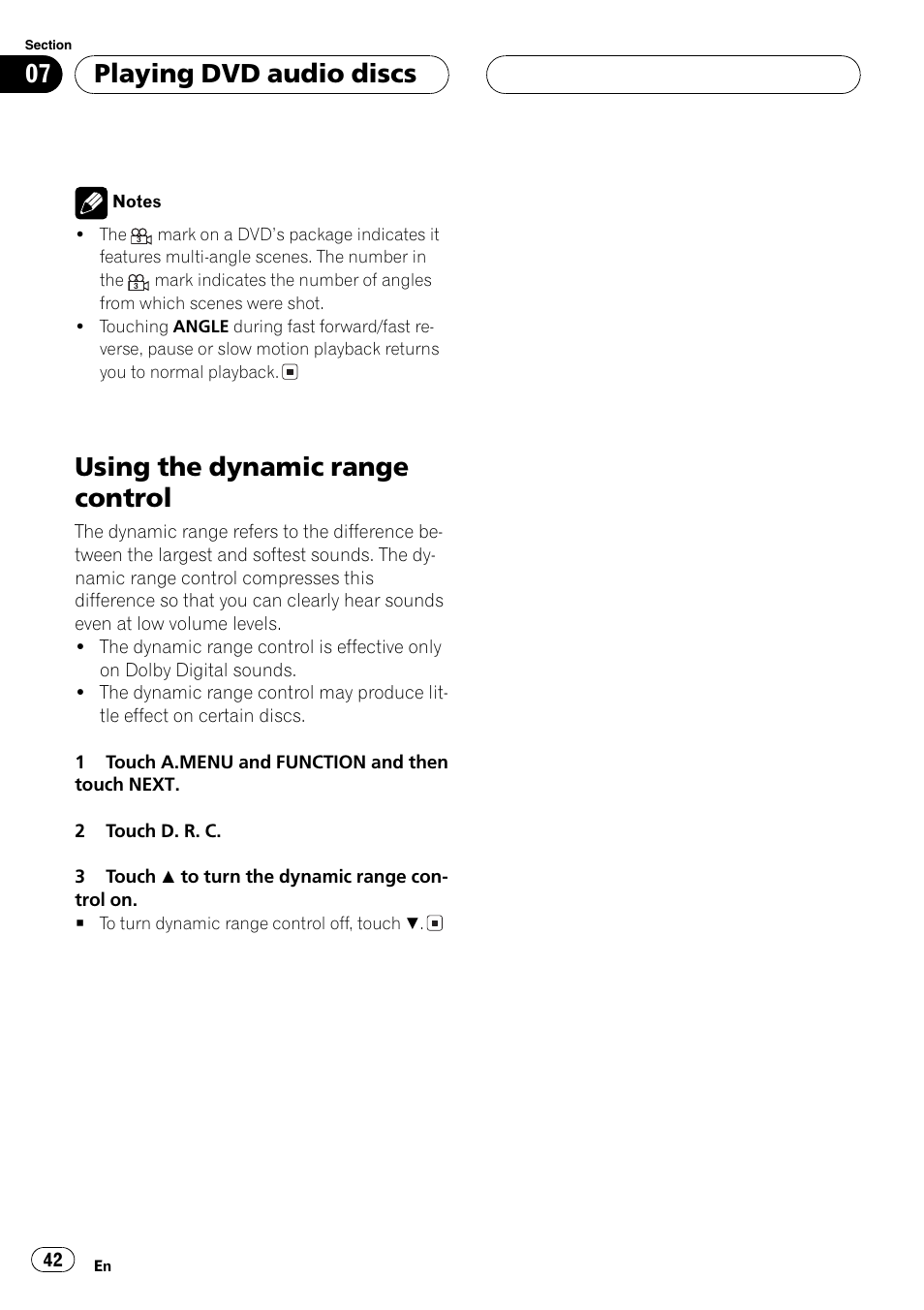 Using the dynamic range control 42, Using the dynamic range control, Playing dvd audio discs | Pioneer AVH-P7500DVDII User Manual | Page 42 / 119