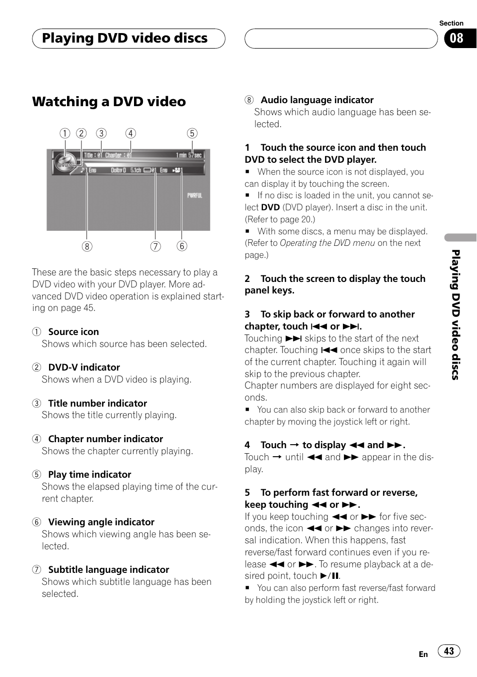 Playing dvd video discs watching a dvd video 43, Watching a dvd video, Playing dvd video discs | Pioneer AVH-P7500DVDII User Manual | Page 43 / 119