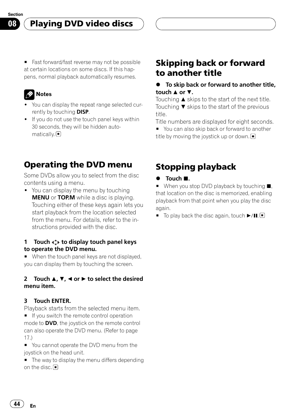 Operating the dvd menu, Skipping back or forward to another title, Stopping playback | Playing dvd video discs | Pioneer AVH-P7500DVDII User Manual | Page 44 / 119