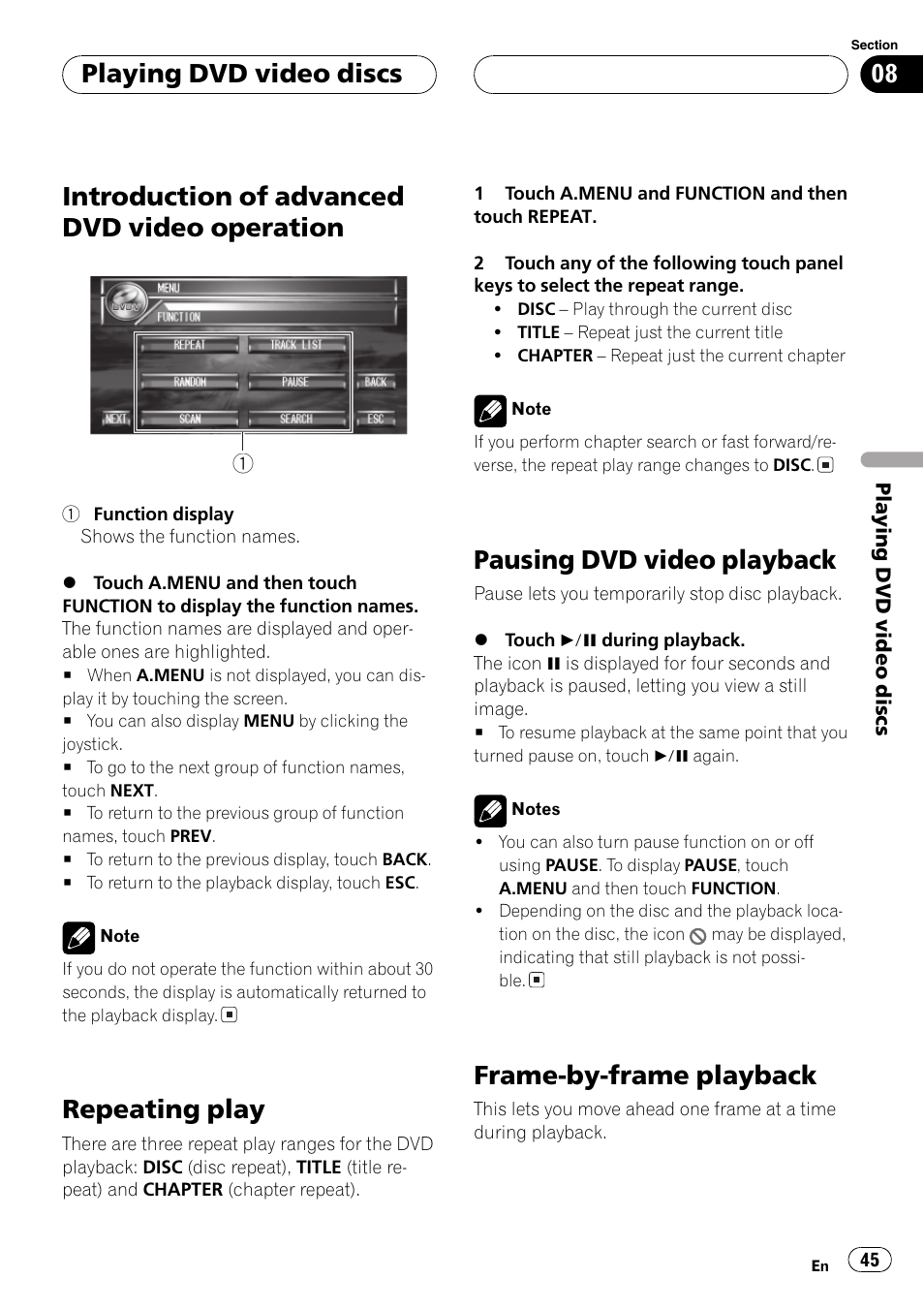 Introduction of advanced dvd video, Operation 45, Introduction of advanced dvd video operation | Repeating play, Pausing dvd video playback, Frame-by-frame playback, Playing dvd video discs | Pioneer AVH-P7500DVDII User Manual | Page 45 / 119