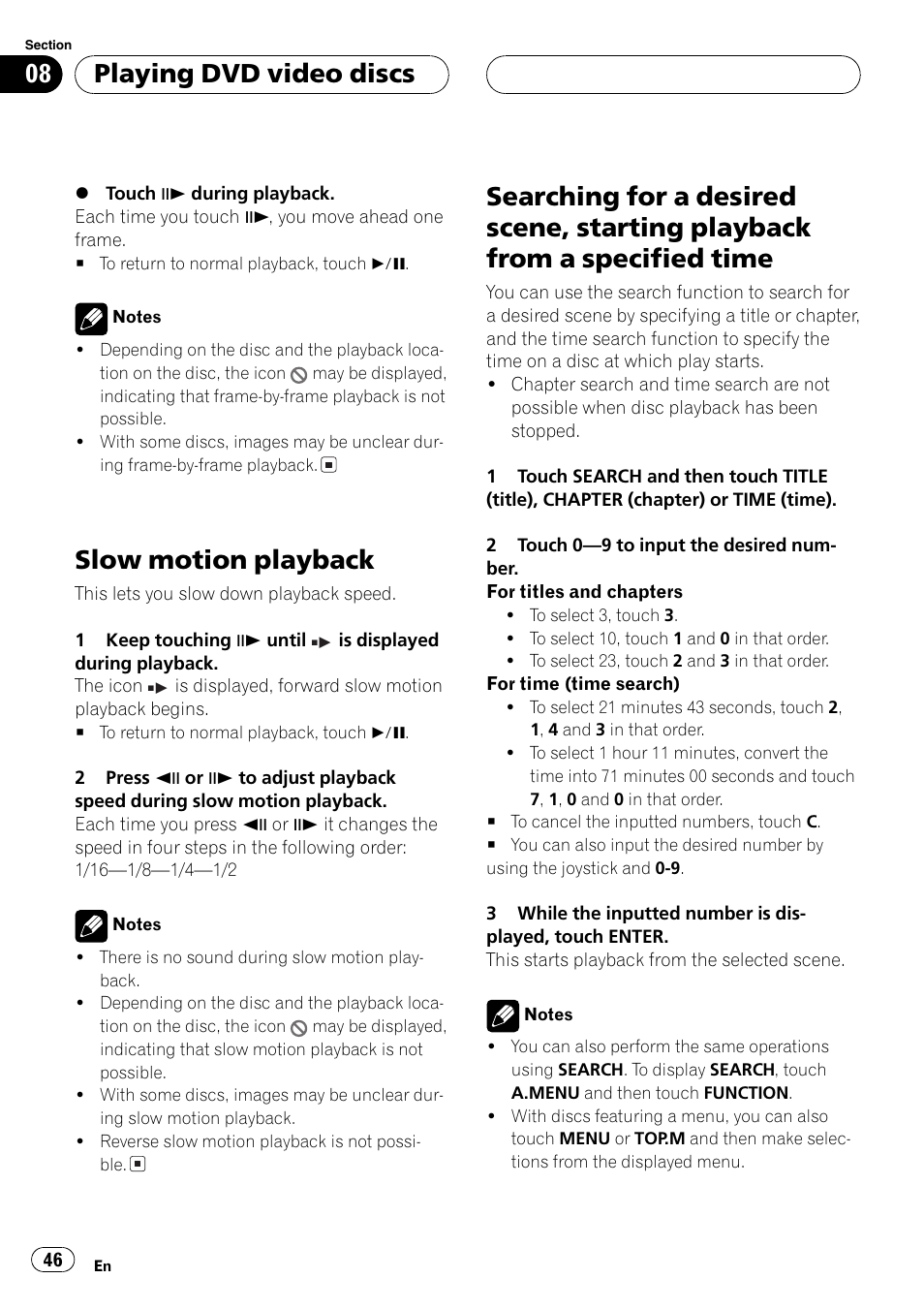 Playback from a specified time 46, Slow motion playback, Playing dvd video discs | Pioneer AVH-P7500DVDII User Manual | Page 46 / 119