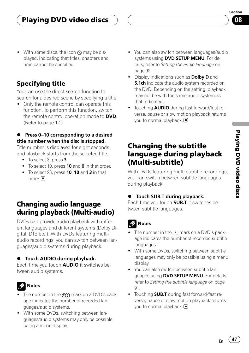 Changing audio language during playback, Multi-audio) 47, Changing the subtitle language during | Playback (multi-subtitle) 47, Playing dvd video discs, Specifying title | Pioneer AVH-P7500DVDII User Manual | Page 47 / 119