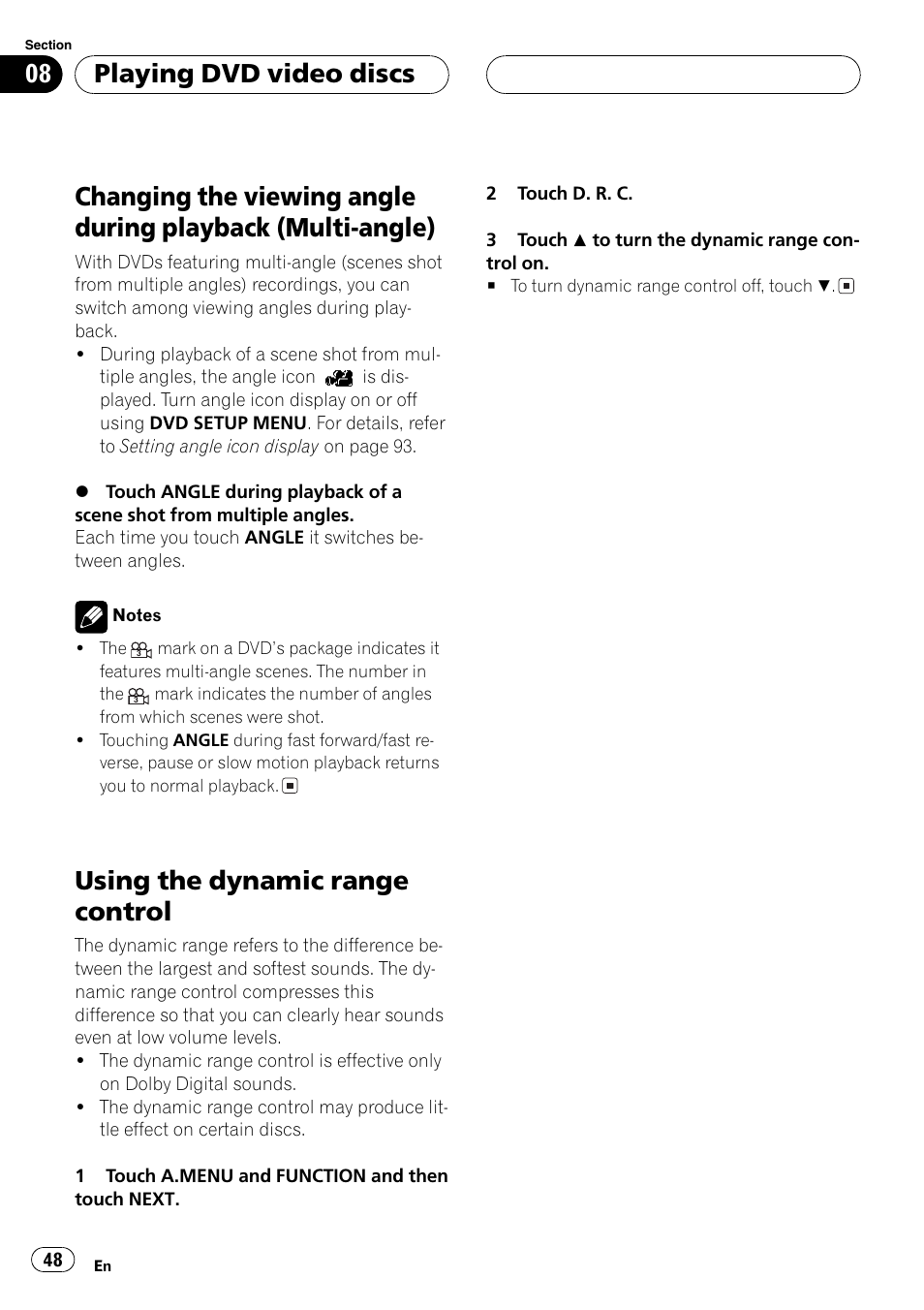 Changing the viewing angle during playback, Multi-angle) 48, Using the dynamic range control 48 | Using the dynamic range control, Playing dvd video discs | Pioneer AVH-P7500DVDII User Manual | Page 48 / 119