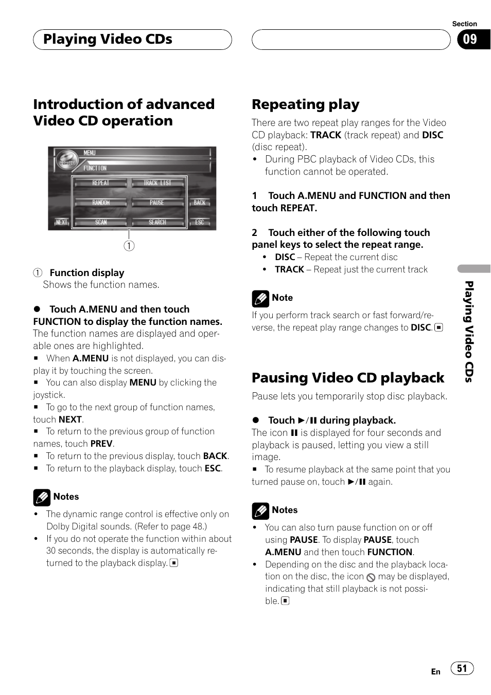 Introduction of advanced video cd, Operation 51, Repeating play 51 pausing video cd playback 51 | Introduction of advanced video cd operation, Repeating play, Pausing video cd playback, Playing video cds | Pioneer AVH-P7500DVDII User Manual | Page 51 / 119