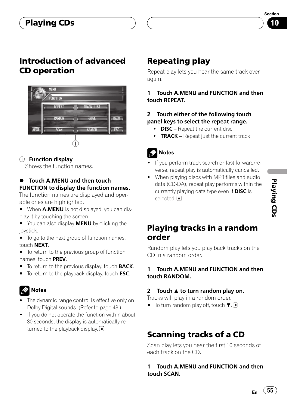 Introduction of advanced cd operation, Repeating play, Playing tracks in a random order | Scanning tracks of a cd, Playing cds | Pioneer AVH-P7500DVDII User Manual | Page 55 / 119