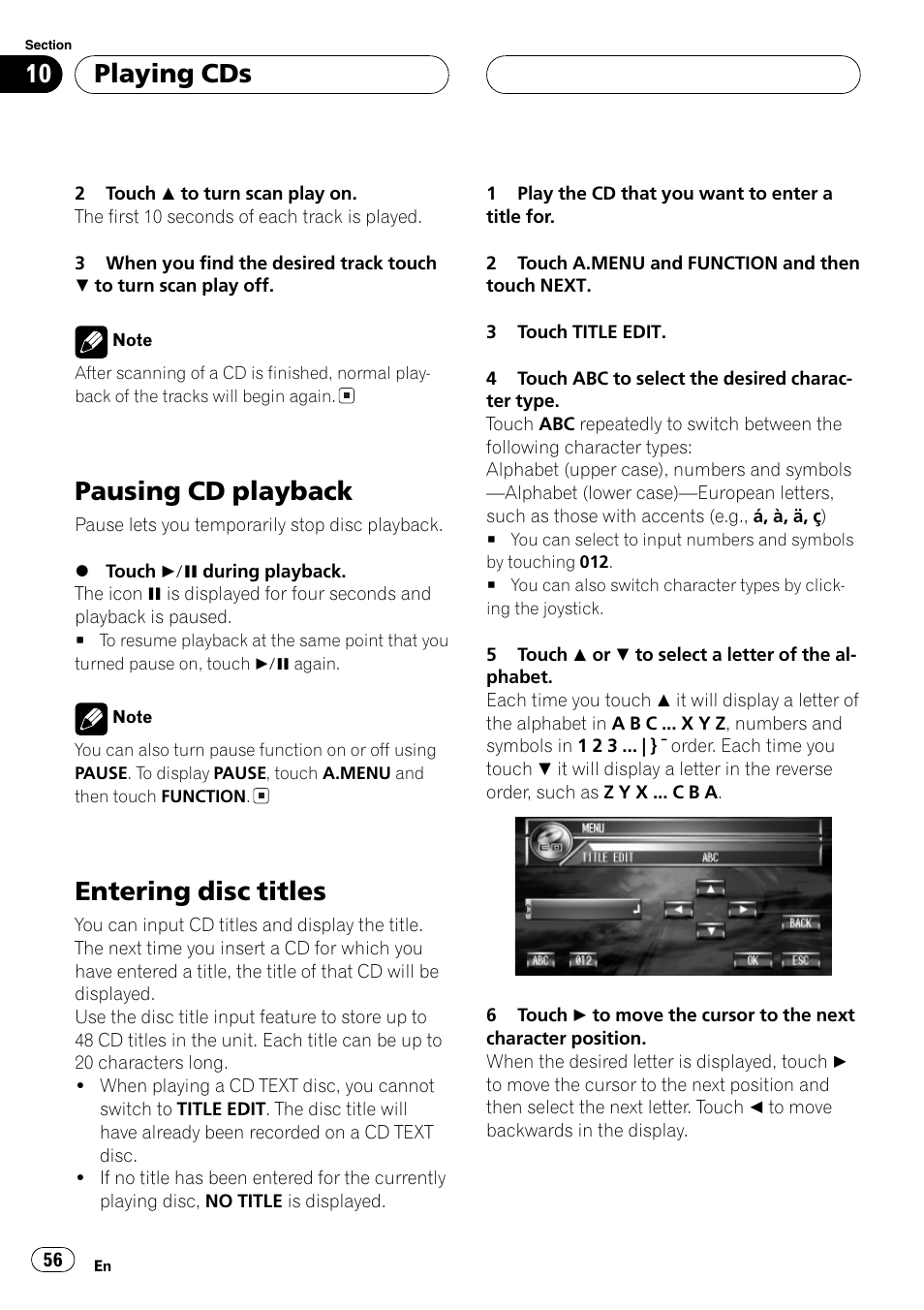 Pausing cd playback 56 entering disc titles 56, Pausing cd playback, Entering disc titles | Playing cds | Pioneer AVH-P7500DVDII User Manual | Page 56 / 119