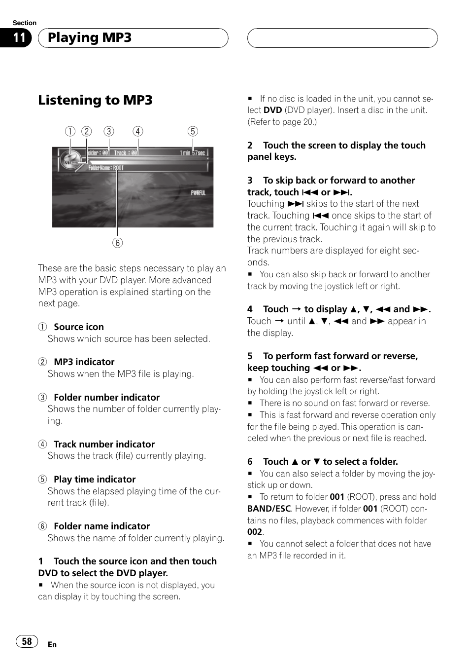 Playing mp3 listening to mp3 58, Listening to mp3, Playing mp3 | Pioneer AVH-P7500DVDII User Manual | Page 58 / 119