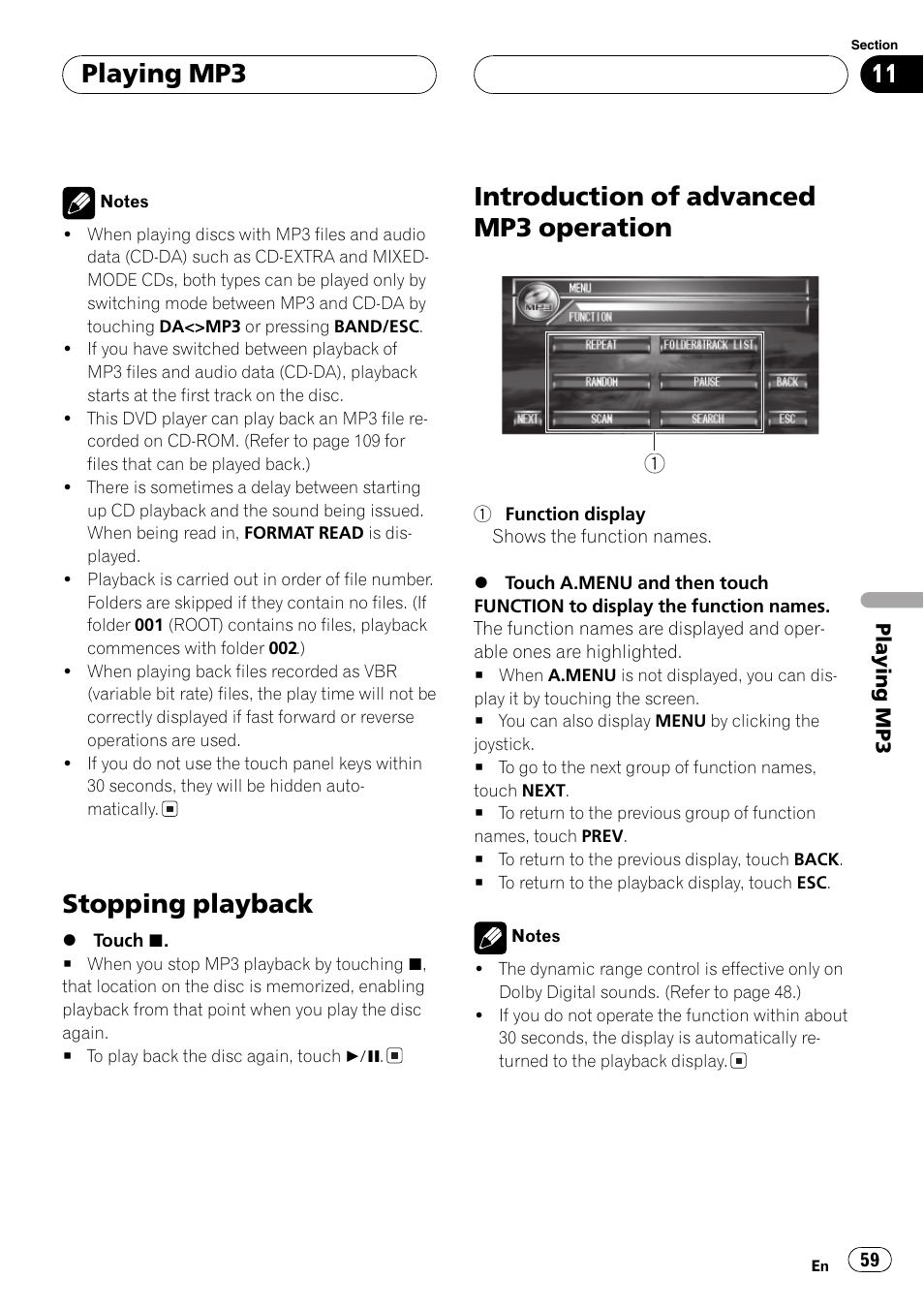 Stopping playback, Introduction of advanced mp3 operation, Playing mp3 | Pioneer AVH-P7500DVDII User Manual | Page 59 / 119