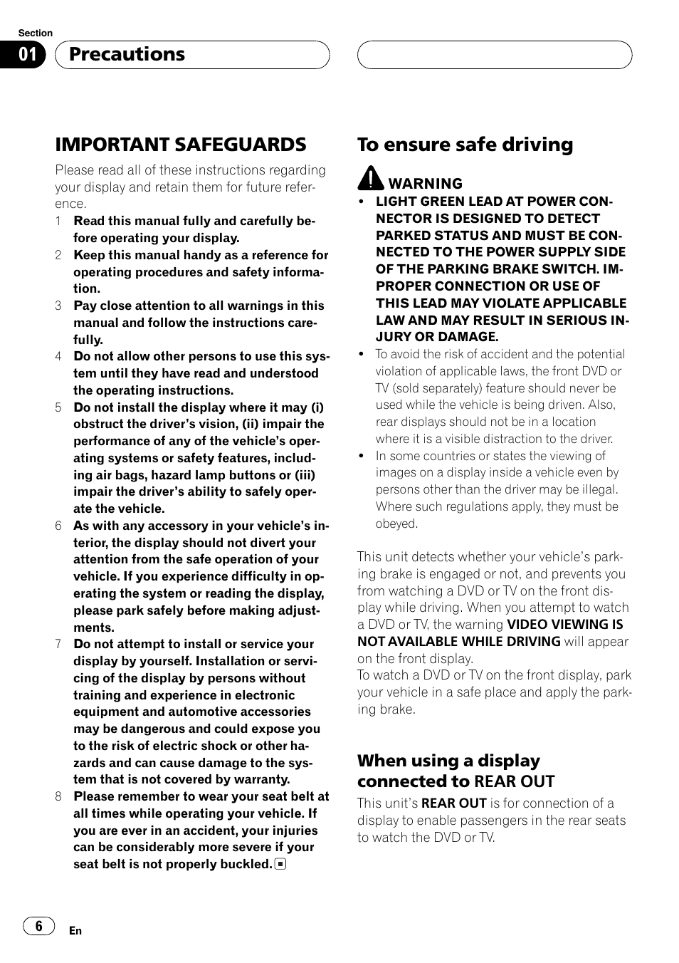 Important safeguards, Precautions, When using a display connected to rear out | Pioneer AVH-P7500DVDII User Manual | Page 6 / 119