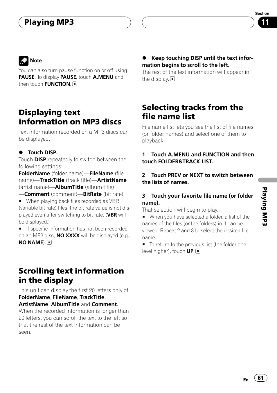 Displaying text information on mp3, Discs 61, Displaying text information on mp3 discs | Scrolling text information in the display, Selecting tracks from the file name list, Playing mp3 | Pioneer AVH-P7500DVDII User Manual | Page 61 / 119