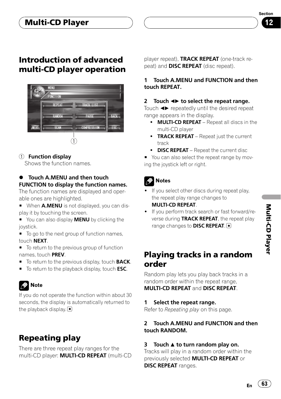 Introduction of advanced multi-cd player, Operation 63, Introduction of advanced multi-cd player operation | Repeating play, Playing tracks in a random order, Multi-cd player | Pioneer AVH-P7500DVDII User Manual | Page 63 / 119