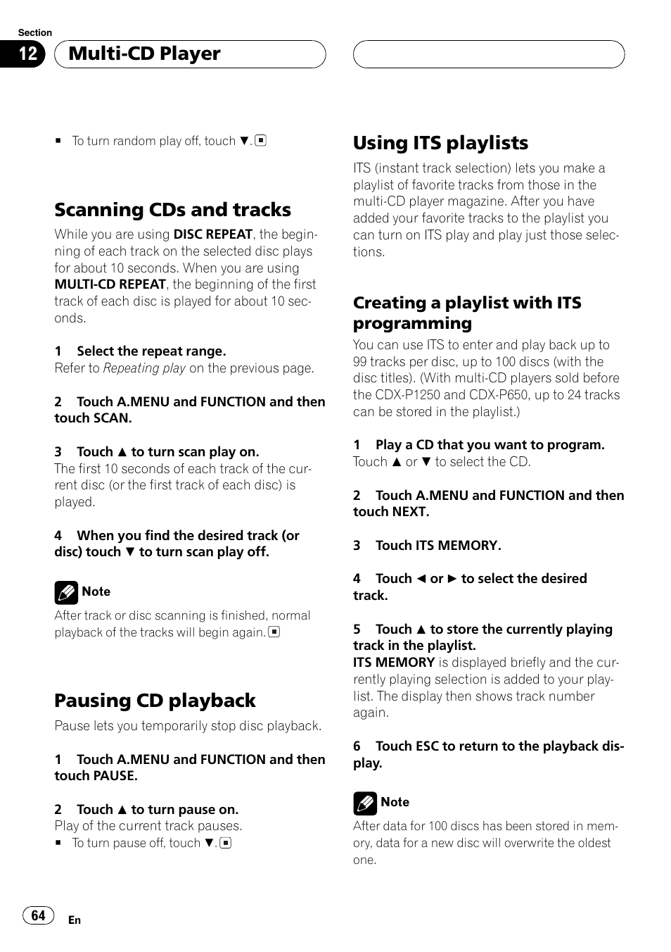 Scanning cds and tracks, Pausing cd playback, Using its playlists | Multi-cd player, Creating a playlist with its programming | Pioneer AVH-P7500DVDII User Manual | Page 64 / 119