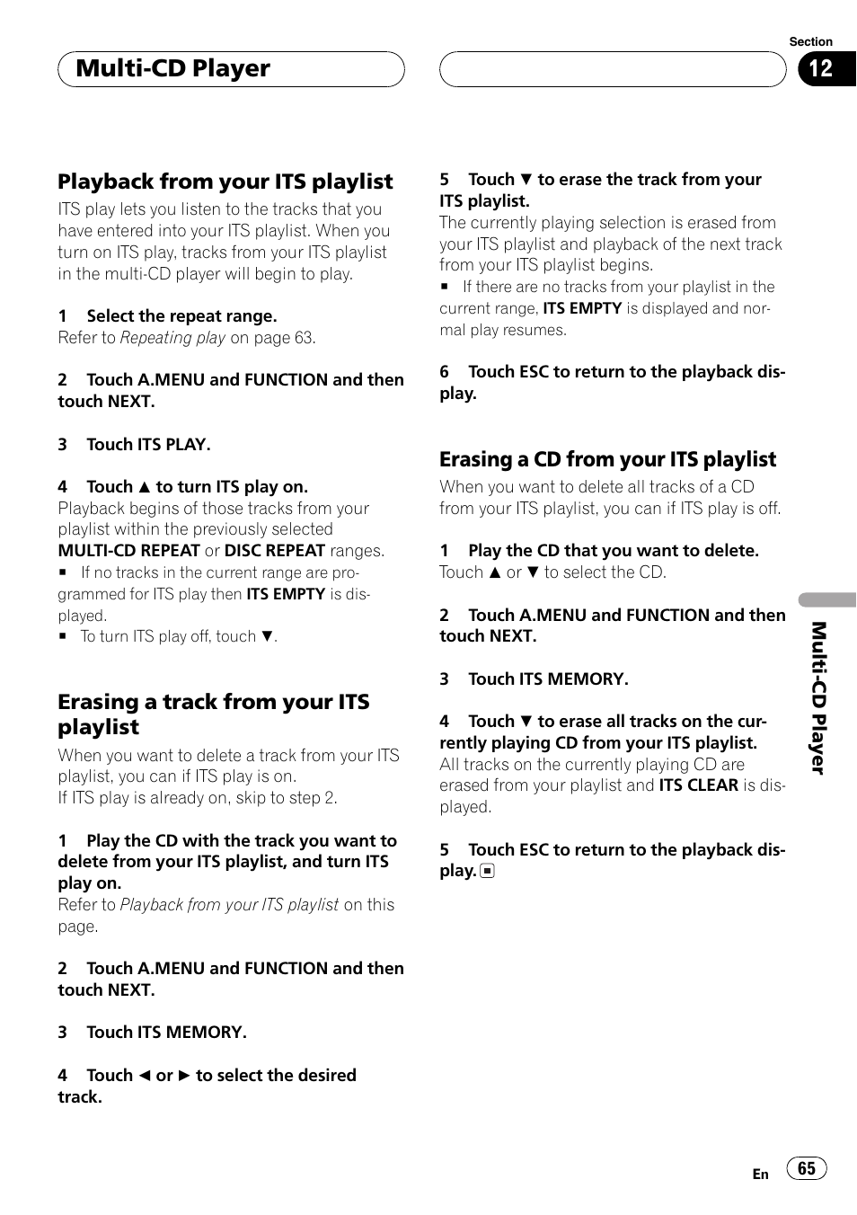 Multi-cd player, Playback from your its playlist, Erasing a track from your its playlist | Erasing a cd from your its playlist | Pioneer AVH-P7500DVDII User Manual | Page 65 / 119